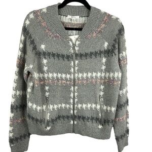 89th & Madison Houndstooth Long Sleeve Full Zip Sweater Cardigan Medium Grey NWT